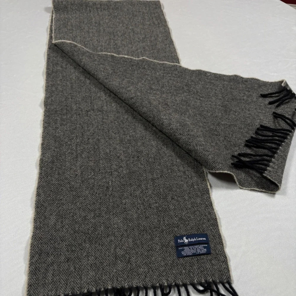 Polo Ralph Lauren Scarf Mens OS Grey Herringbone Lambswool Tassel Fringe EUC